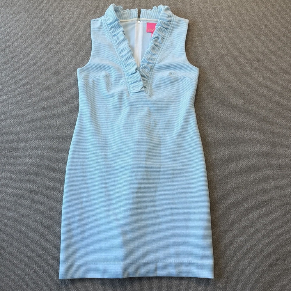 Lilly Pulitzer Tisbury Shift Dress Ruffle Neck Woman's Size M Blue Striped - Picture 2 of 7